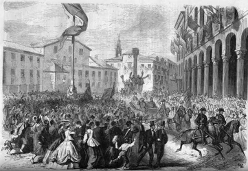 Risorgimento - Venetian liittäminen Italiaan - 1866: Italian kuninkaan Vittorio Emanuele II:n (Victor Emmanuel II) (Victor Emmanuel) (1820-1878) liittyminen Rovigoon. Kaiverrus "" Le Monde Illustré" -julkaisussa nro 488, 18. elokuuta 1866.