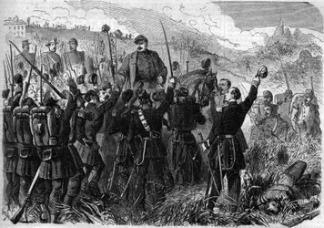 Risorgimento - Montebello della Battaglian taistelu (Italia), 21. toukokuuta 1859: Ranskan kenraali Elie Frederic Forey (1804 - 1872), Italian armeijan komentaja, voitti hänen sotilaidensa voiton jälkeen Itävallan armeijasta. Kaiverrus "" Le Monde Illussa