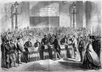 Risorgimento, Napoli, 21. lokakuuta 1860: Saint Francois de Paulen kirkon väestön äänestys kaupungin liittämisestä Italian kuningaskuntaan. Kaiverrus "" Le Monde Illustré" -julkaisussa nro 188, 17. marraskuuta 1860.