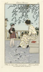 Valkoinen kreppimekko keltaisin pilkuin - tytön mekko kirsikanpunaisesta ja vihreästä tartaanikankaasta, teoksesta Costumes Parisiens, julkaistu 1913