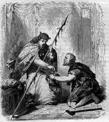 Robert II hurskas (972-1031), Ranskan kuningas, jakeli almoneja. Kaiverrus Maurice Lachatren teokseen "Paavien-kuninkaiden-kuningattaren ja keisarien historia vuosisatojen ajan"
