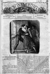Jatkokertomus: "Monte-Criston kreivi" (Monte-Cristo), Alexandre Dumas (1802-1870). Seksikohtaus Edmond Dantèsin ja Mercédèsin välillä. Kaiverrus julkaisussa "Les bons romances"