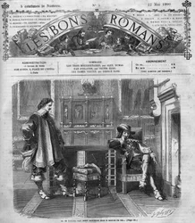 Roomalainen sarja: Alexandre Dumasin (1802-1870) "Kolme muskettisoturia". Monsieur de Treville palaa rohkeasti kuninkaan toimistoon. Kaiverrus "" Les bons romances""