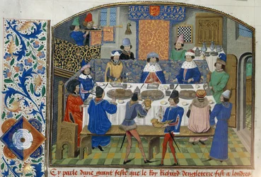 Roy 14 E IV fol.265v, Yorkin, Gloucesterin ja Irlannin herttuat aterioivat Rikhard II:n kanssa, osa III ”Rikhard II:n kruunajaisista vuoteen 1387”, Jean de Bâtard Wavrin