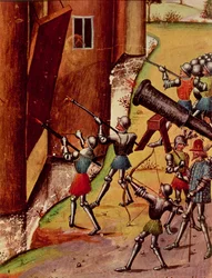 Roy 17 f.1 Käsitykeillä aseistetut sotilaat piirittävät linnaa, Quinte Curse Ruffe des Fais du Grant Alexandre, n. 1468 (vellum)