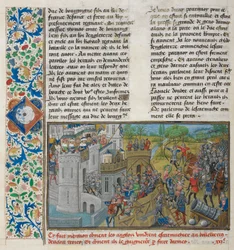 Royal 14 E. IV, f.59v Bastionin vangitseminen Troyesissa, "Englannin vanhoista ja uusista kronikoista", Jean de Wavrin, n. 1470-80 (vellum)
