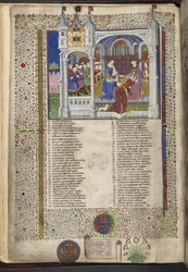 Royal 15 E. VI, f.2v Margaret of Anjou, istuu miehensä kuningas Henrik VI:n kanssa, kuvitus Shrewsbury Talbot Book of Romances -kirjasta, n. 1445 (muste, väri ja kulta tarranauhalla)