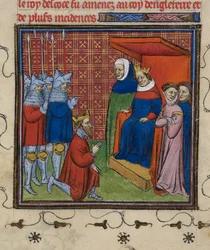 Royal 20 C.V11 John Baliol ennen Edward I:tä, kuvitus Chroniques de France ou de St. Denisistä