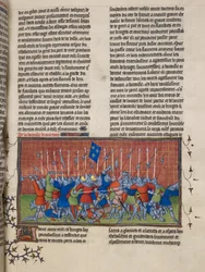 Royal 20 C. VII, f.34 Courtrain taistelu, kuvitus Chroniques de France ou de Saint Denisistä (vellum)