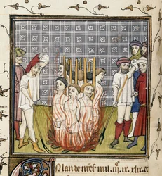 Royal 20 C. VII, f.44v Templars polttaminen, kuvitus Chroniques de France ou de St. Denisistä (vellum)