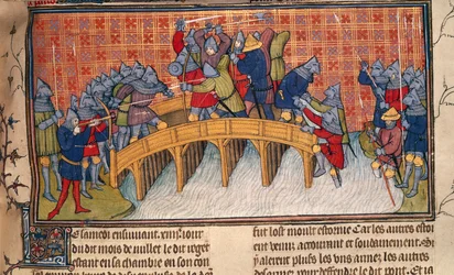 Royal 20 C. VII, fol.137 Taistelu Seinen sillalla satavuotisen sodan aikana, kirjasta Chroniques de France ou de St. Denis (vellum)