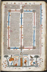 Royal MS 10 E IV, f.209r, The Painter and the Devil, Decretals of Gregory IX, kiiltävä Bernard of Parma ("Smithfield Decretals"), n. 1300-40 (vellum)