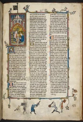 Royal Ms 14 e III f.140r Englannin Henrik II kirjurin kanssa, kuvitus teoksesta "Story of the Holy Grail, The Quest of the Holy Grail, Morte Arthur", n. 1315-25 (vellum)