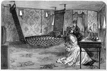 Venäjän keisarillinen juna, jota Edinburghin herttua ja herttuatar käytti vuonna 1874: makuuhuonevaunu. Kaiverrus "" Le Monde Illustré" -julkaisussa nro 886, 6. huhtikuuta 1874.