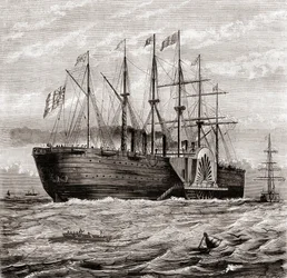 SS Great Eastern, rautainen purjehöyrylaiva, jonka on suunnitellut Isambard Kingdom Brunel, Les Merveilles de la Science, julkaistu n.1870 (kaiverrus)