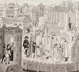 Saint Gaugericus, Cambrain piispa, saapumassa kaupunkiin nimitystä varten, Paul Lacroixin teoksesta "Sotilas ja uskonnollinen elämä keskiajalla", julkaistu Lontoossa n. 1880