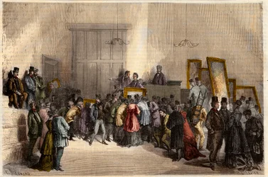 Maalausten myynti huutokaupanpitäjien hotellissa Pariisissa vuonna 1868. Kaiverrus "" L