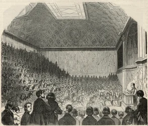 Luokkahuone College de Francessa Pariisissa 1800-luvulla - Edmond Texierin kaiverrus "Tableau-de-Paris" 1852