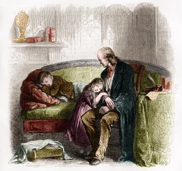 Samuel Hahnemann (1755 - 1843) keksimässä homeopatiaa. Kaiverrus Pauquet