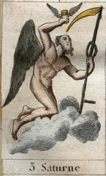 Saturnus, maanviljelyn ja sadonkorjuun jumala, on kuvattu viikatteen kanssa. Pierre Blanchardin teoksesta "Nuorison mytologia", 1803.