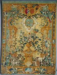 Savonnerie-paneeli: Jousi vaakuna, valmistaja Savonnerie Factory, Ranska, ennen 1717