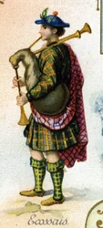 Skotlantilainen mies. Painos Pariisin litografia, 1800-luvun loppu. 25 mainoskromon sarja Dijonin keksien valmistukseen Pernot, luotu vuonna 1869. Yksityiskohta hahmoista perinteisissä puvuissa