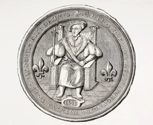 Basoche-kuninkaan, Pariisin tuomioistuinjärjestelmän lainopillisten kirjurien killan johtajan, sinetti, teoksesta Les Arts au Moyen Age, julkaistu 1873