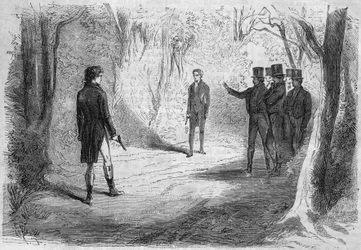 Sarjaromaani: "Rikkaat ja köyhät" Emile Souvestre (1806-1854). Boissardin ja Larryn kaksintaistelu. Kaiverrus "" Les bons romances""