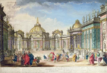 Lavastus Apollosin palatsin ulkoa varten, julkaistu Pariisissa, 1748