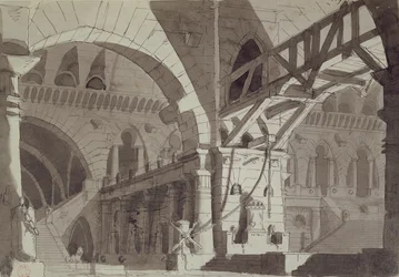 Lavastus Piranesiksen vankilapiirustuksen tyyliin, n. 1800 (kynä, muste & pesu)