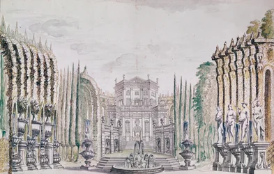 Lavastus palatsin teatteria varten, n. 1660-80 (kynä & muste ja wc paperilla)