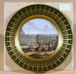 Sevres-levy, joka kuvaa Frederick II:n (1712-86) Suuren miekan saapumista Hotel des Invalidesiin (posliini)