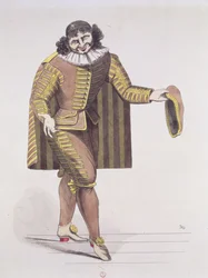 Molieren Sganarelle in LEcole des Maris, ensi-ilta 24. kesäkuuta 1661 Palais-Royal Theatressa, Pariisissa (kynä, muste ja wc paperilla)