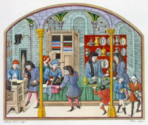 Kauppoja katetun torin alla, Nicolas Oresmen (n. 1323–1382) 1300-luvun Aristoteleen etiikka ja politiikka käännöksen pienoismallin jälkeen