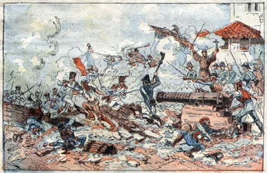 Napoleonin joukot piirittivät ja valtasivat Zaragozan (Zaragoza) Espanjassa helmikuussa 1809. Kaiverrus 1800-luvulta.