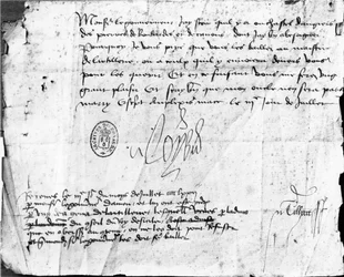 Ludvig XI:n allekirjoitus kirjeessä Anjoun kuvernöörille, päivätty 3. heinäkuuta 1472 (muste paperilla)