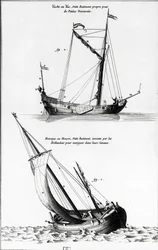 Luonnos veneistä: jahti tai jakki ja hourque tai hollock, joka on hollantilaisten suunnittelema pieni vene kanavien navigointiin - "" Diderot encyclopedia"", vol 7 Marine, kaiverrus, Bibl. Mazariini.