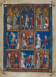 Sloane MS 1977 fol.6r Yhdeksän miniatyyriä, jotka esittävät raamatullisia ja lääketieteellisiä kohtauksia. Ylhäällä Kristus ennen Kaifasta ja Pilatusta; liputus. Keskuksessa ja alapuolella lääkärit, jotka hoitavat potilaita luunmurtumien ja muiden sairauks