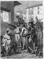 Sotilaat, tarpeesi ovat suuret: ranskalaiset sotilaat lukevat kenraali Bonaparten julistusta marraskuussa 1799 - Kaiverrus vuodelta 1865 Louis Adolphe Thiersin kirjaan "Histoire du Consulate et de l