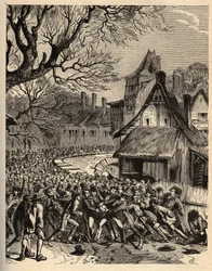 Soule-peli (jalkapallon esi-isä) - (Ranska) - Le jeu de la soule en Basse Normandy (jalkapallon ja rugbyn oletettu esi-isä) - kaiverrus sanalla "" PATRIQUE DE LA FRANCE 6 OSASSA, LUCIEN HUARD - 1800-luvun loppu