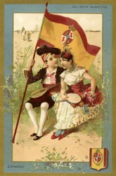 Espanjalainen poika ja tyttö, eri maiden lasten kuvitussarjasta, valmistettu promokorteiksi Bon Marché -tavaratalolle Pariisissa, n. 1890