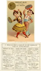 Espanjalaiset lapset tanssivat pesetasta valmistetuilla tamburineilla eri maiden valuuttoja koskevista mainoskorttisarjasta, jonka Pariisissa julkaisi Vieillemard Chocolat Ibledin käyttöön, 1886-95