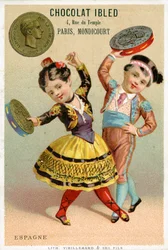 Espanjalaiset lapset tanssivat pesetasta valmistetuilla tamburineilla eri maiden valuuttoja koskevista mainoskorttisarjasta, jonka Pariisissa julkaisi Vieillemard Chocolat Ibledin käyttöön, 1886-95