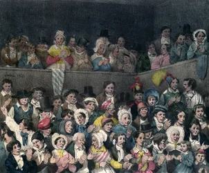 Katsojat taputtavat teatterissa, kaiverrus Benard ja Frey, 1837