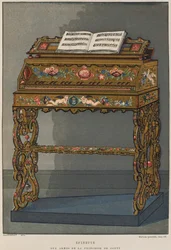 Spinetti Contin prinsessan vaakunalla, kuvitus Henry Havardin Dictionnaire de lameublement et de la decoration, osa 2, levy 26, Paris, Maison Quantin, 1878 (väri litho)
