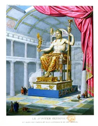 Olympolaisen Zeuksen patsas valtaistuimellaan temppelissään Olymposvuorella, 1814