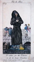 Tulitikkujen ja sytytyspuiden katukauppias, 1800-luvun alku (värikaiverrus)