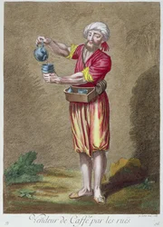 Katukauppias myy kahvia Levantin pukukuvien kokoelmasta, kaiverrus G. Scotin, 1707-08