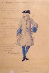 Tutkimus Le Havressa vuonna 1718 asetetun merijalkaväen univormusta (lyijykynä, vartaloväri ja wc ruskealla paperilla)