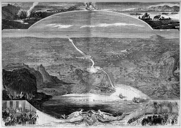Suezin kanava: panoraamanäkymä Suezin kannaksella (Egypti) olevaan reikään, jonka rakentaminen aloitettiin vuonna 1859. Morinin kaiverrus teokseen "" The Illustrous World"" n°84, 20. marraskuuta